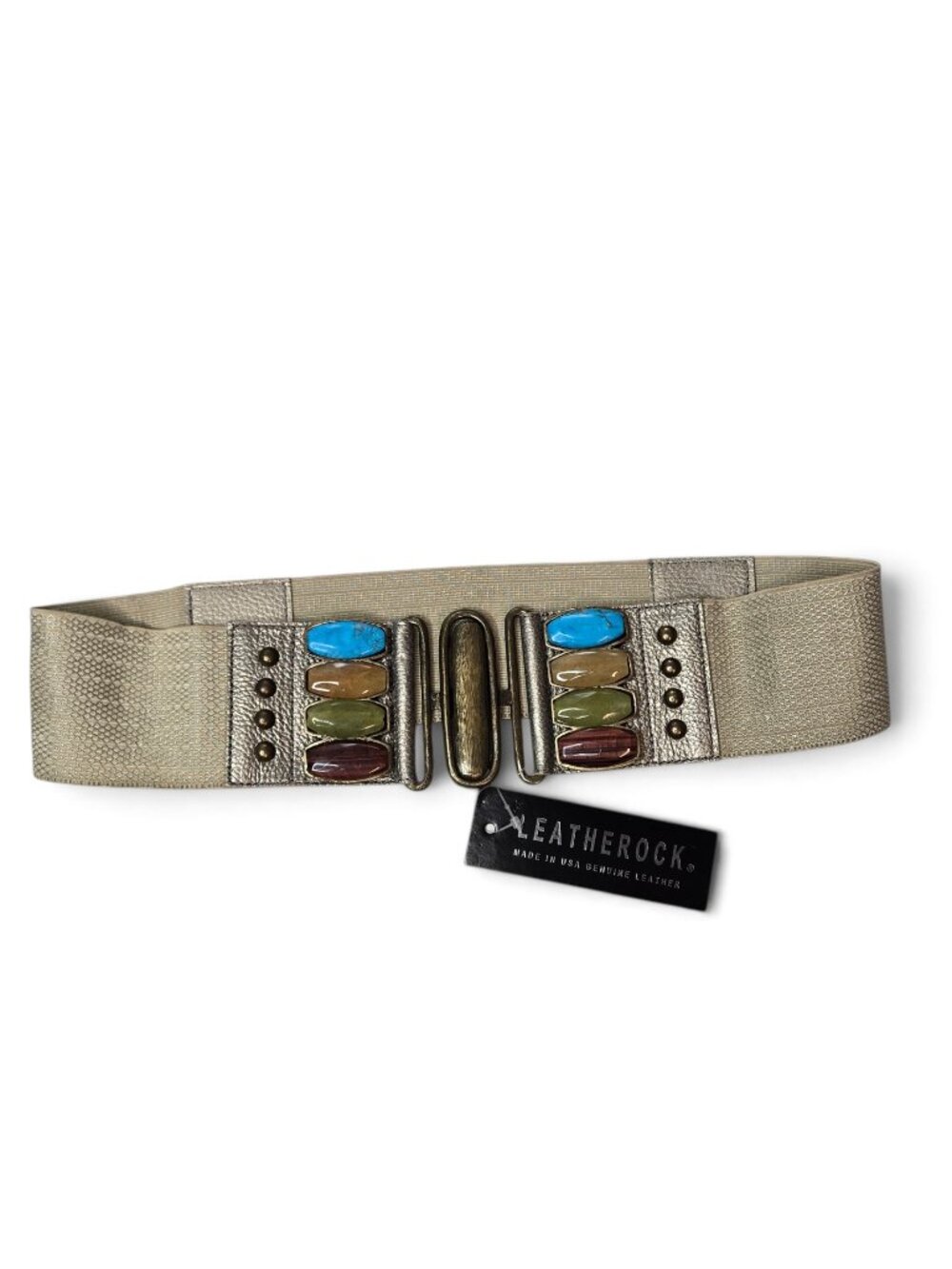 NWT Leatherock Chunky Stone Stretch Waist Belt Studded Metallic Leather